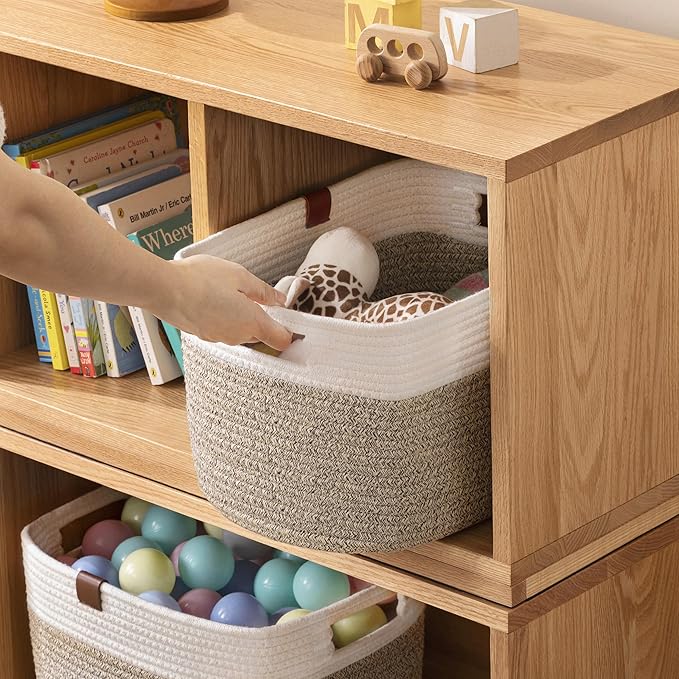 UBBCARE 4 Pack Baskets for Organizing, Woven Storage Baskets with Label for Toys and Towel, Rectangle Cotton Rope Basket with Handles, 15''L x10''W x9''H, White&Brown