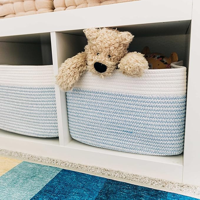 OrganiHaus White and Blue Basket | Coiled Rope Basket with Handles | Woven Basket for Storage | Nursery Storage Basket | Decorative Storage Basket | Towel Baskets for Bathroom | Baby Toy Basket