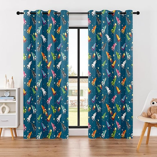 Pixel Rocket Kids Blackout Curtains - 100% Blackout, Thermal Insulated, Noise Reducing, Perfect for Kids Room and Nursery, 2 Panels (Pixel Rocket Fleet, W52×L84)