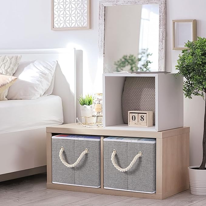 Yawinhe Foldable Fabric Storage Cubes 3-Pack, Collapsible Bins with Rope Handle, Large Closet Organizers for Shelves, Closets, Clothes, 14.96''Lx9.84''Wx8.26''H, Grey