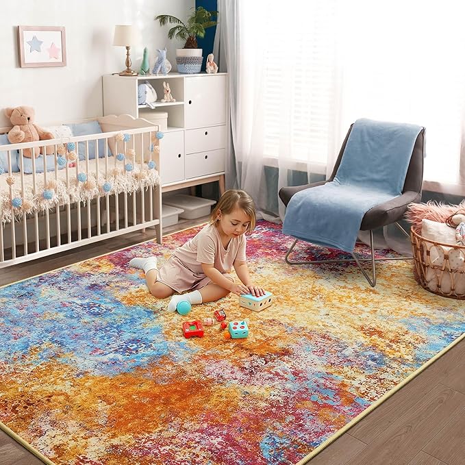 Kelarea Living Room Rug, 4x6 Modern Abstract Washable Rugs, Colorful Soft Non Slip Low Pile Carpet, Stain Resistant Rugs for Bedroom, Dining Room, Nursery, Home Office