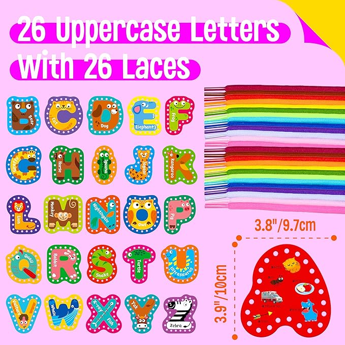 26PCS Kids Lacing Cards, 26 Double Sided Uppercase Sewing Cards with 26 Colorful Laces, Imagination Development Lacing Toys Games for Children Educational and Learning Activity