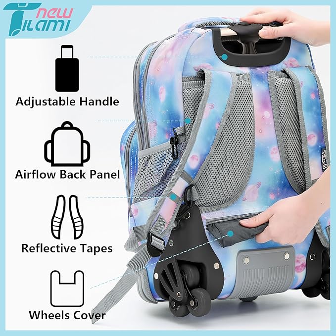 NEW TILAMI 18 inch Kids Rolling Backpack for School with Big Storage, Waterproof, Adjustable Handle - Perfect for Girls & Boys, Blue Star