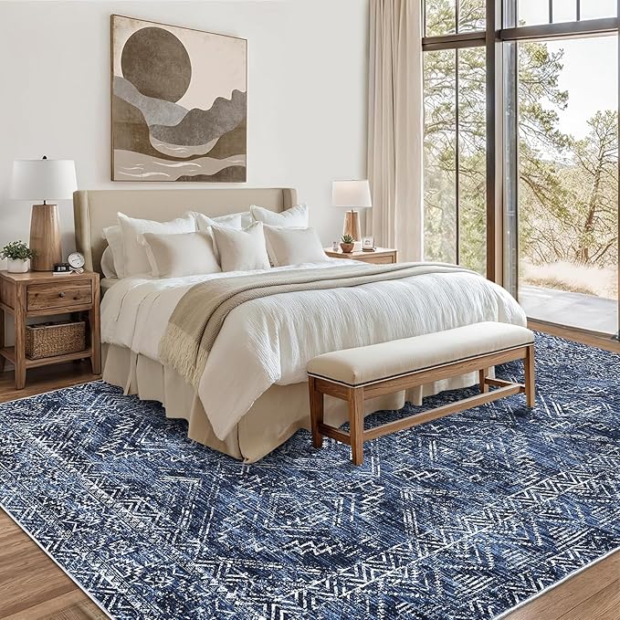 COZYLOOM 6x9 Washable Area Rug Vintage Non Slip Low Pile Rug Soft Throw Floor Cover Geometric Tribal Foldable Indoor Carpet for Living Room Bedroom Playroom Nursery, Blue