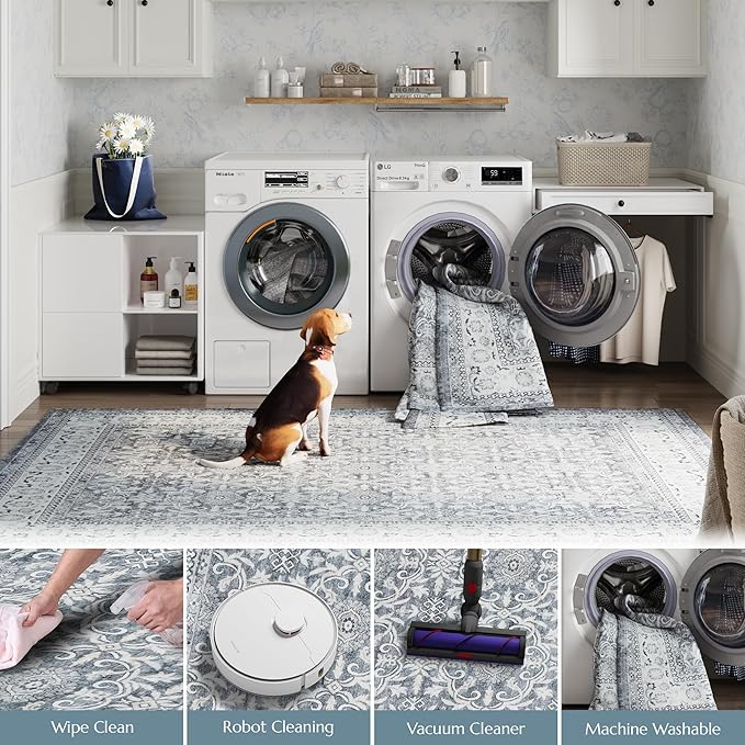 jinchan Runner Rug 2x6 - Machine Washable Grey Vintage Floral Distressed Design Soft Non-Slip Low-Pile Ultra-Thin Runner Rug for Kitchen Hallway Laundry Room Entryway Farmhouse (2‘x6',Grey)