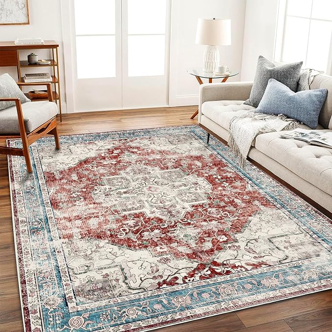 3'x5' Vintage Red Blue Washable Thin Area Rug Traditional Floor Cover Foldable Indoor Distressed Non Slip Carpet Floral Print Mat Bedroom Living Room Bathroom
