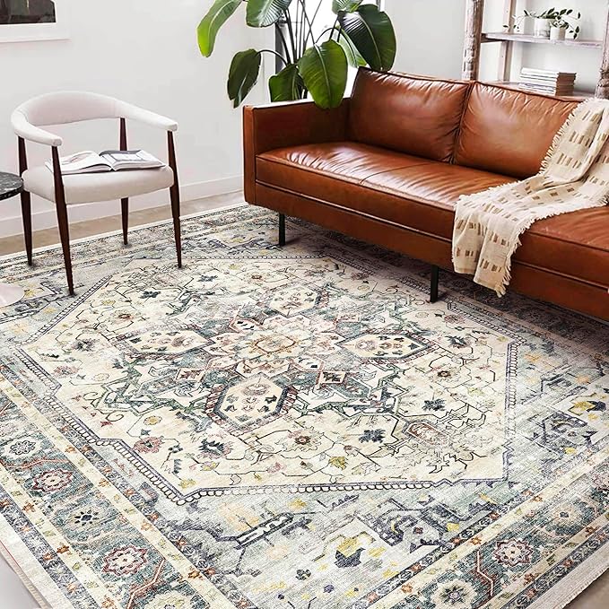 Washable Area Rug 9'x12' Cyan Khaki Retro Flowers Boho Design Non-Shedding Easy Care Ideal for High Traffic Areas in Living Room Bedroom Office Coffee Table Kitchen Large Carpet