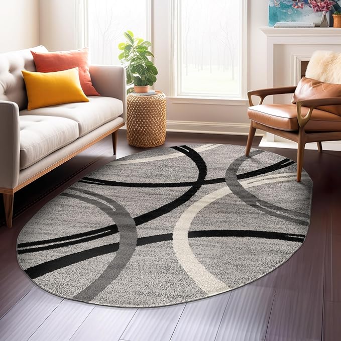 Rugshop Modern Wavy Circles Design Oval Area Rug 5' x 7' Gray