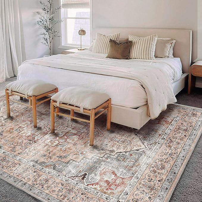 Washable Area Rug 10'x14' Light Cyan and Light red Retro Flowers Boho Design Non-Shedding Easy Care Ideal for High Traffic Areas in Living Room Bedroom Office Kitchen Large Carpet