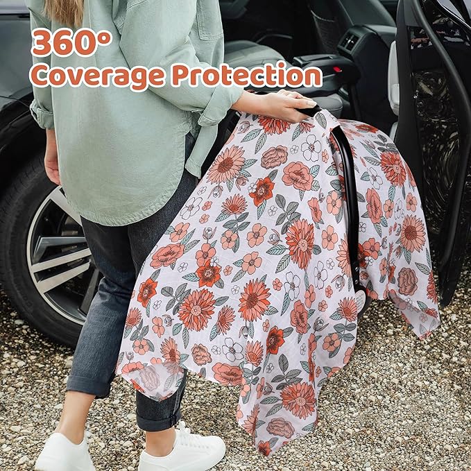 Rquite Car Seat Cover, Muslin Cotton Infant Car Seat Canopy, Breathable Baby Carrier Cover, Summer Stroller Sun Shade, Flower