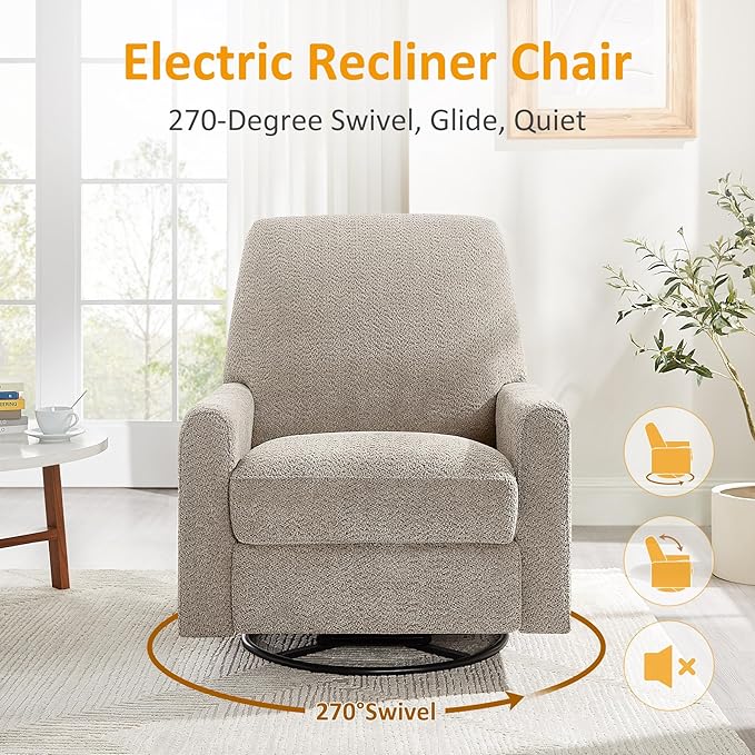 Power Swivel Glider Recliner Chair, Electric Nursery Rocker Recliner Chair, USB & Type-C Charger, Warm Camel Boucle