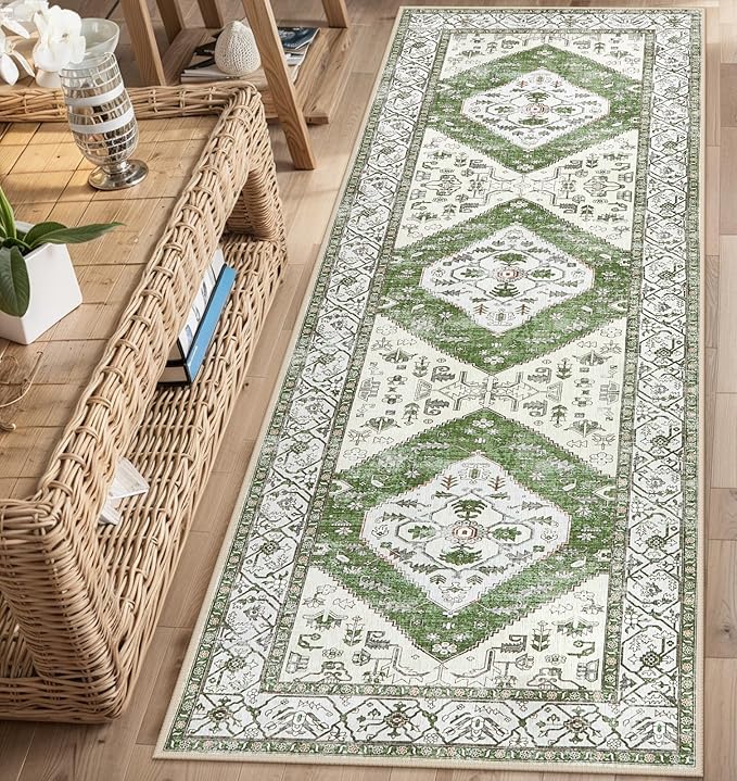 Lahome Boho Green Hallway Runner - 2x6 Washable Kitchen Runner Rug Non-Slip, Ultra-Thin Vintage Print Carpet Rug for Entryway Bedroom Laundry Room (Green, 2'x6')