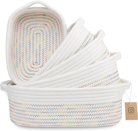 NaturalCozy 5-Piece Rectangle Storage Basket Set- Natural Cotton Rope Woven Baskets for Organizing! Small Basket for Montessori, Baby Nursery, Dog Toy Baskets, Cat Toy Box, Bathroom Organization Bin
