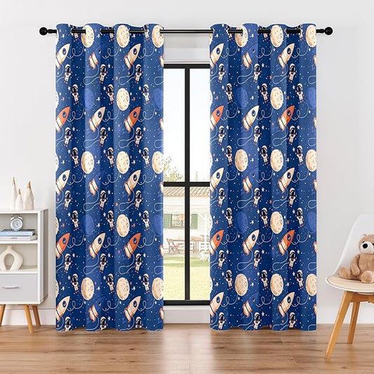Kids Space Astronaut and Rocket Blackout Curtains - 100% Blackout, Thermal Insulated, Noise Reducing, Perfect for Kids Room and Nursery, 2 Panels (Orbiting Astronauts, W52×L84)