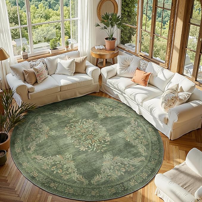 jinchan Round Rug 7ft Area Rugs,Vintage Floral Distressed Design Machine Washable Soft Non-Slip Low-Pile Ultra-Thin Circle Rug for Living Room Dining Room Bedroom Home Office (7' Round,Dark Green)