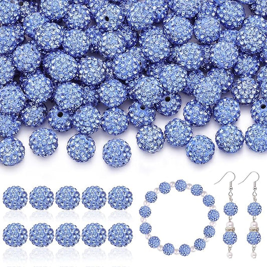 160pcs 10mm Rhinestone Beads for Jewelry Making, Light Blue Shiny Round Disco Ball Beads Bulk, Sparkle Crystal Clay Christmas for Bracelet Baseball Necklace Earring Crafting and DIY