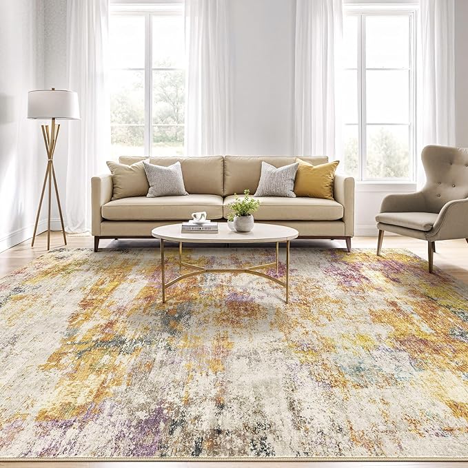 10X12 Area Rugs Living Room: Washable Large Abstract Modern Soft Stain Resistant Indoor Floor Rugs Non Slip Accent Carpet for Bedroom Nursery Playroom Office Dining Room Dorm Home House- Gold Colorful