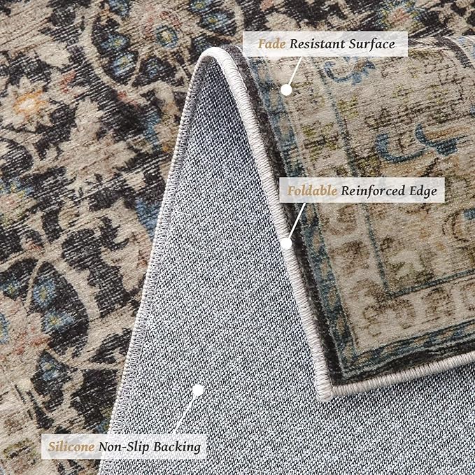 Washable 5x7 Area Rugs for Living Room, Boho Non-Slip Silicone Backing Rugs for Bedroom Dining Room Nursery Office, 0.3" Neutral Oriental Throw Carpet with 0.16" Cushioning Pad, Black/Multi
