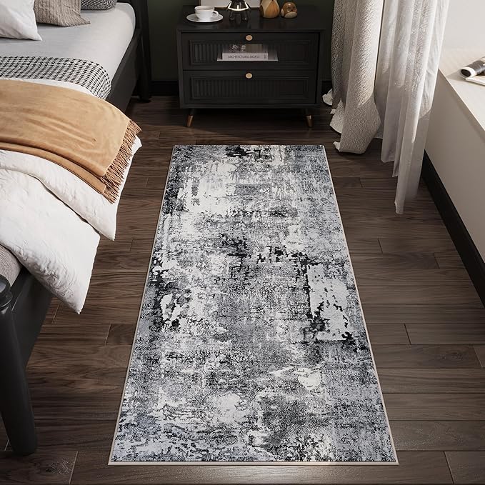 Runner Rug 2'6''x8' Hallway Washable Boho Soft Area Rug Abstract Pattern Non-Slip Faux Wool Vintage for Kitchen, Entryway, Laundry, Bedroom, Grey and Black