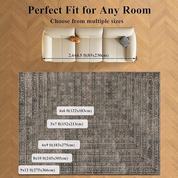 9x12 Area Rug Living Room Rugs, Stain Resistant Washable Rug, Vintage Large Non-Slip Backing, Low Pile Lightweight Print Rug for Bedroom Dinning Room Home Office (Brown)