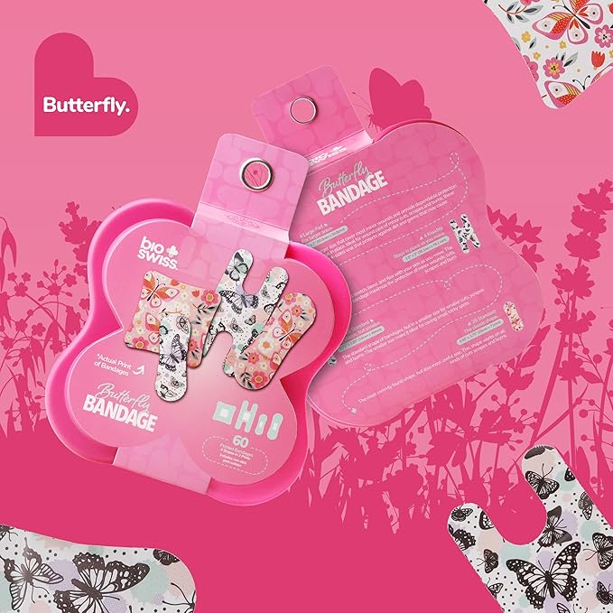 BioSwiss Bandages, Assorted Size Butterfly Print Self Adhesive Bandage, Latex Free Sterile Wound Care, First Aid Kit Supplies for Kids and Adults, 60 Count