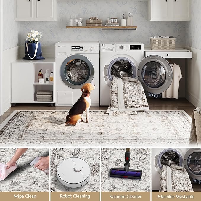 jinchan Hallway Runner Rug 3x7 - Machine Washable Beige Vintage Floral Distressed Design Soft Non-Slip Low-Pile Ultra-Thin Runner Rug for Kitchen Laundry Room Bedroom Farmhouse (3‘x7',Beige)