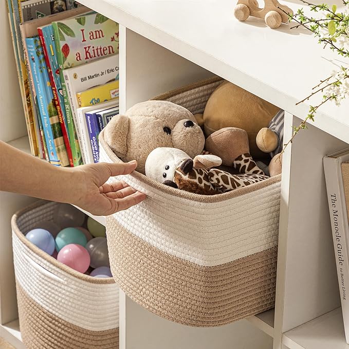 UBBCARE 4 Pack Baskets for Organizing, Woven Storage Baskets for Toys and Towel, Rectangle Cotton Rope Basket with Handles, 15''L x10''W x9''H, Brown