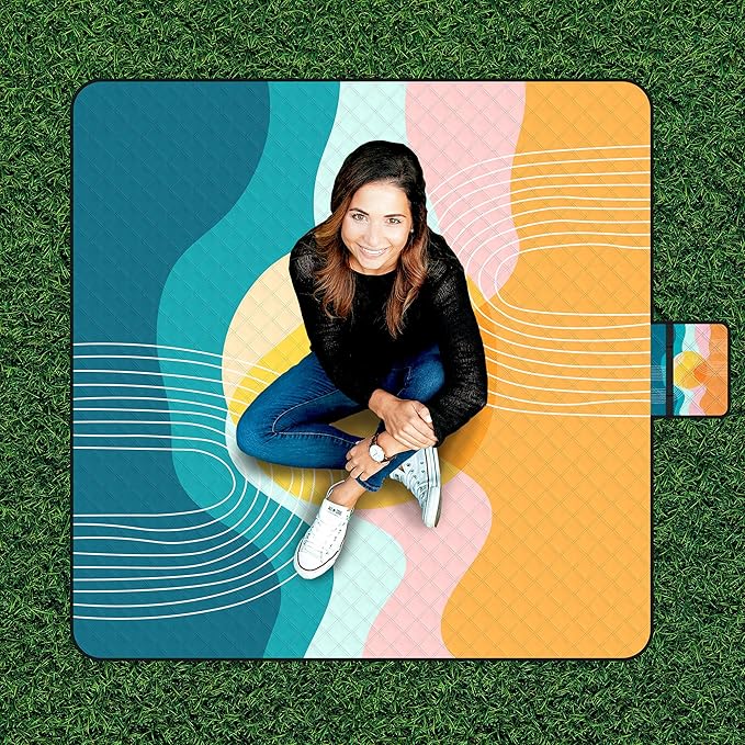 Picnic Blankets Waterproof Foldable, Extra Large 79"x79" Beach Blanket Waterproof Sandproof, 3-Layer Polyester Foldable Portable Outdoor Mat for Park, Camping, Travel, Grass Lawn- Afterglow Rainbow