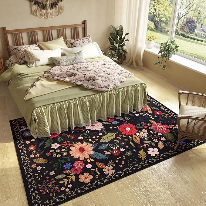 5x7 Washable Rug for Living Room, Floral Black Area Rug, Non Slip Low Pile Soft Flower Carpet, Large Rugs for Bedroom, Dining Room, Office, Kids Playroom, Nursery