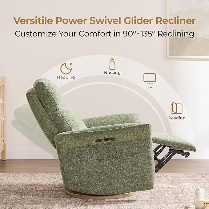 CHITA Power Recliner Chair, Electric Triple-Motor Swivel Glider Nursery Rocking Chair with Adjustable Power Headrest and Lumbar Support, GREENGARD Gold Certified, Solid Wood Base, Forest Green