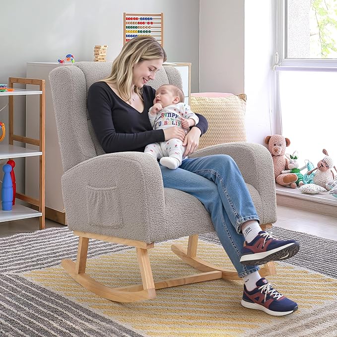 Rocking Chair Nursery, Nursing Rocking Chairs for Mom Nursery, Comfy Wingback Glider Rocking Armchair with Side Pocket for Nursery Living Room Bedroom, Teddy Light Grey