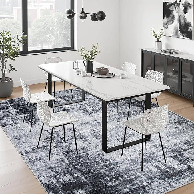 6x9 Area Rug Living Room Rug: Washable Modern Abstract Soft Thin Rug Indoor Floor No Slip Stain Resistant Carpet for Bedroom Dining Room Farmhouse Nursery Home Office - Dark Black
