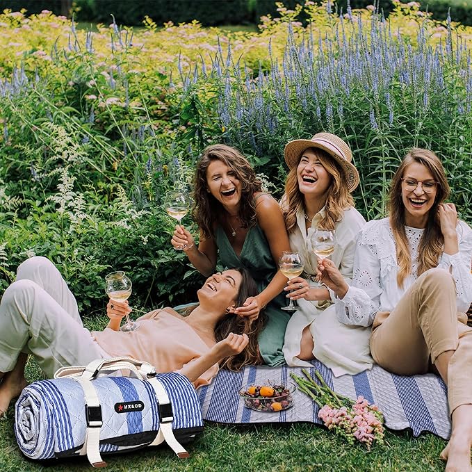 Waterproof Picnic Mat, Outdoor Camping Oversized Field Blanket. Portable Thickened Camping Blanket, Suitable for Beach, Camping, Music Festival, Party, Outdoor Adventure. (Blue & White, 80”x80”)