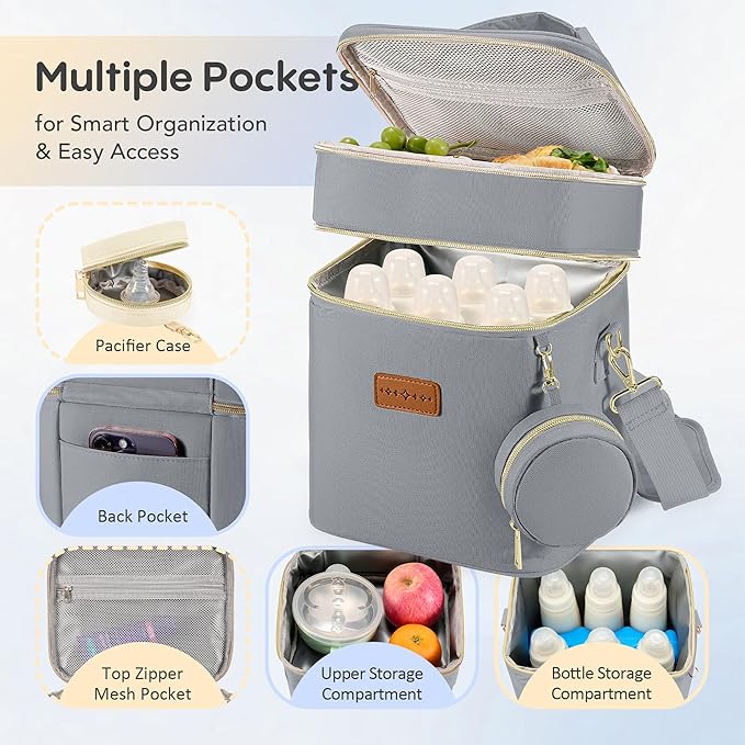 Breastmilk Cooler Bag with Ice Pack & Pacifier Case, Large Double Layer Insulated Baby Bottle Cooler Fits 6 Bottles, Breast Pump Storage Bag for Working Nursing Moms, with Gift Box