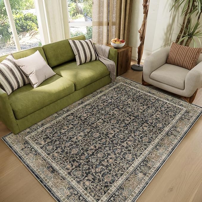 Washable 4x6 Rugs for Living Room, Boho Non-Slip Silicone Backing Small Rugs for Bedroom Nursery Office, 0.3" Neutral Oriental Throw Carpet with 0.16" Cushioning Pad, Black/Multi