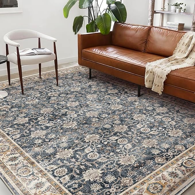 Washable Area Rug 4'x6' Vintage Traditional Floor Cover Foldable Thin Rugs Retro Kitchen Indoor Distressed Non Slip Carpet Floral Print Mat Bedroom Living Room
