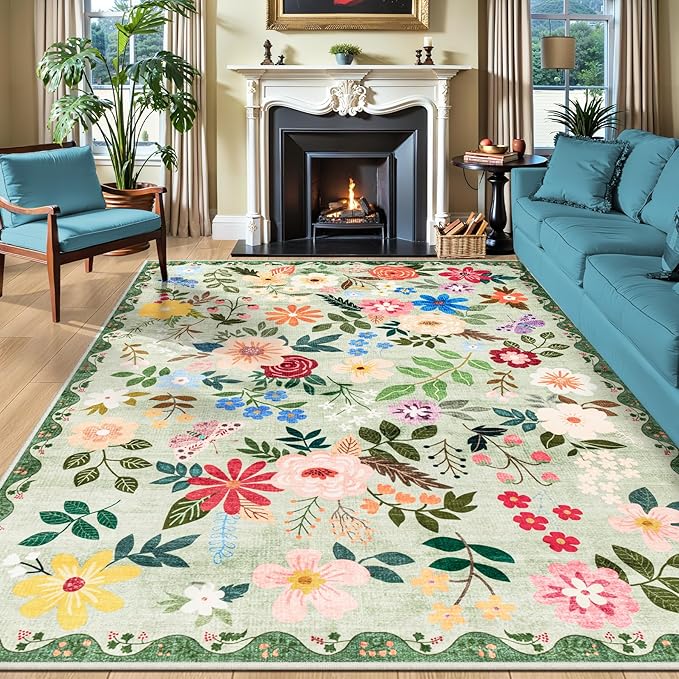Area Rugs 9x12 Living Room: Floral Washable Rug Vintage Large Soft Boho Non-Slip Carpet Indoor Stain Resistant Low Pile Carpets for Bedroom Dining Room Farmhouse Nursery Hallway Home Office Green