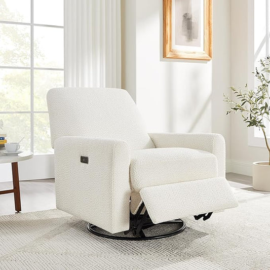 Power Swivel Glider Recliner Chair, Electric Nursery Rocker Recliner Chair, USB & Type-C Charger, Boucle White