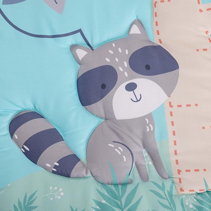 Blue Woodland Nursery Crib Bedding Set for Boys 3 Pieces Fox Owl Raccoon Baby Boy Cot Bedding Set