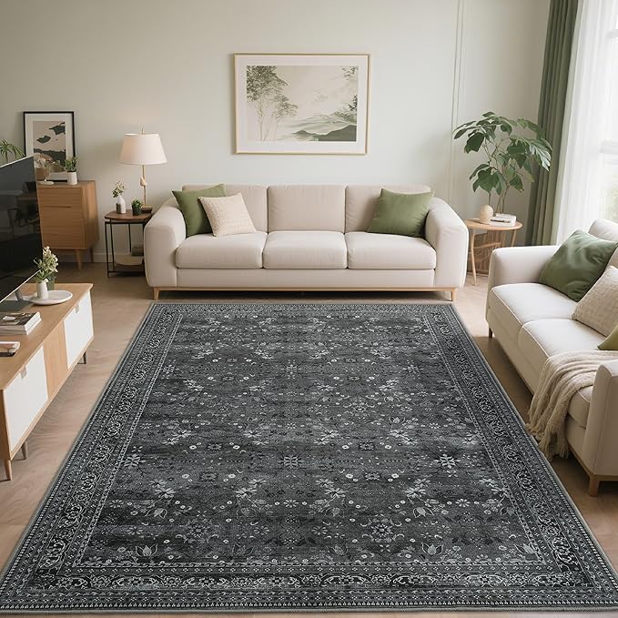 Large 8x10 Washable Area Rug for Living Room, No Shedding Vintage Floral Rugs Non Slip, Indoor Thin Retro Accent Carpet for High Traffic Areas Bedroom Farmhouse Dining Room Black/Gray