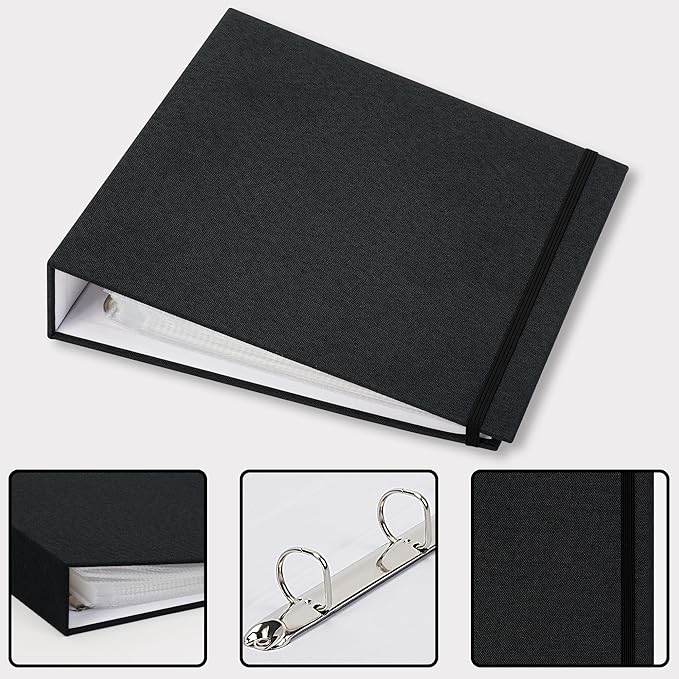 Vienrose Linen 3-Ring Photo Album Holds 250 Photos, 200 4x6 Photos and 50 6x8 Pictures, Picture Album with Multiple Size Pockets, Memory Book for Family Wedding Anniversary Baby, Black