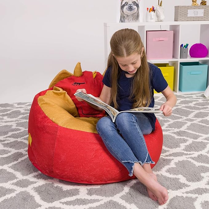 Posh Creations Cute Soft and Comfy Bean Bag Chair for Kids, Large, Animal - Red Dragon