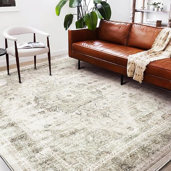 Area Rug 6'x9' Washable Vintage Floral Khaki Traditional Floor Cover Thin Retro Kitchen Indoor Distressed Non Slip Carpet for Living Room Bedroom Dining Room