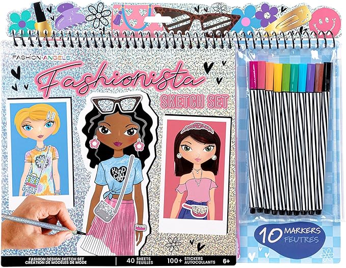 Fashion Angels Fashionista Sketch Set, Includes Sketch Pad with Stencils & Stickers, Fashion Design Sketch Book for Girls, Ideal Drawing Kit for Kids