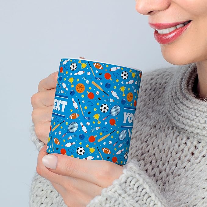 Personalized Mug for Kids - Sports - Custom Name/Text, Ceramic Hot Chocolate/Cocoa/Coffee Cup for Boys/Girls, Birthday/Christmas/Holiday Gift - 11 oz, Light Blue Handle