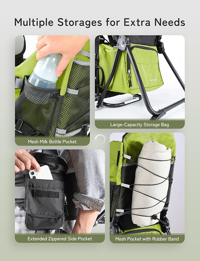 besrey Baby Backpack Carrier, Toddler Hiking Backpack with Safety 3-Height Seat, Adjustable Straps&Waist Belt, Foldable Frame Lightweight Large Capacity Child Carrier for Hiking (Green)