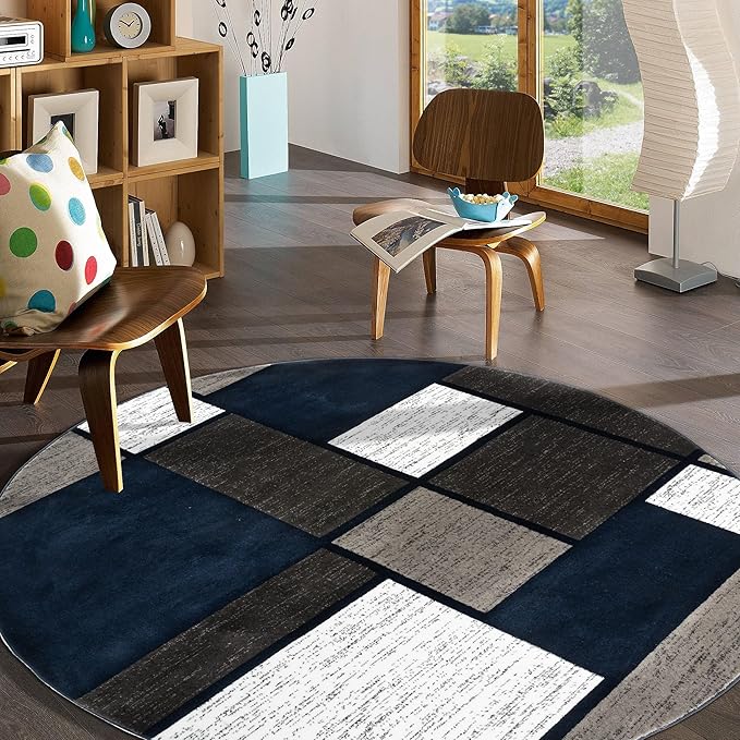 Rugshop Contemporary Modern Boxes Area Rug 6' 6" Navy (6' 6" Diameter)