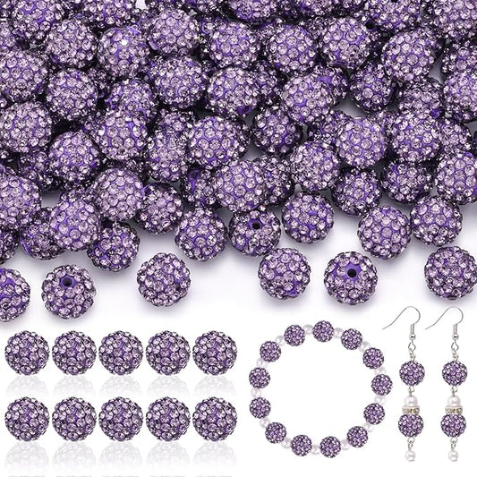 160pcs 10mm Rhinestone Beads for Jewelry Making, Purple Shiny Round Disco Ball Beads Bulk, Sparkle Crystal Clay Christmas for Bracelet Baseball Necklace Earring Crafting and DIY