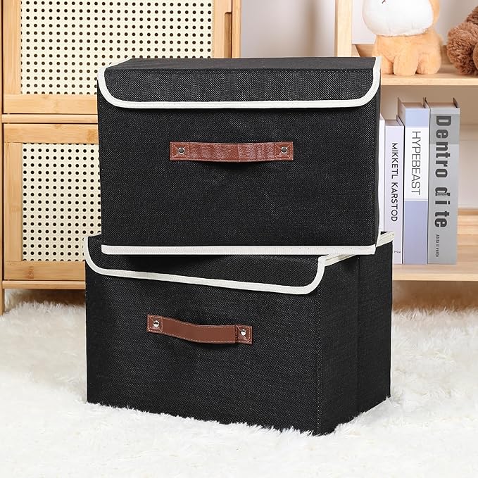 ANMINY 2PCS Storage Bins with Lid PU Leather Handles Storage Boxes PP Plastic Board Decorative Foldable Lidded Cotton Linen Fabric Home Cubes Baskets Closet Organizer Containers - Black, Large Size