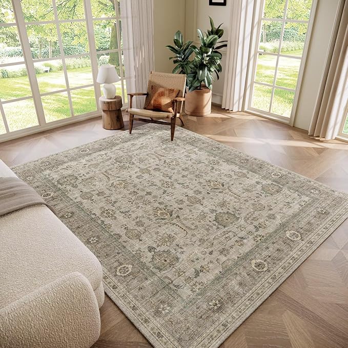 Washable 6x9 Area Rugs for Living Room, BoHo Non-slip Silicone Backing Large Rug for Bedroom Dining Room Nursery Office, 0.3" Neutral Oriental Throw Carpet with 0.16" Cushioning Pad, Light Brown/Multi